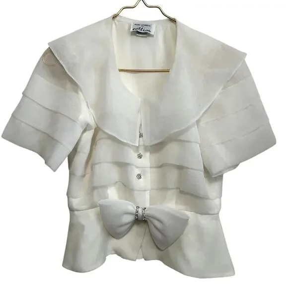 Vintage Ann Hobbs Cattiva Organza Bow Blouse XS White 80s Couture Wedding USA